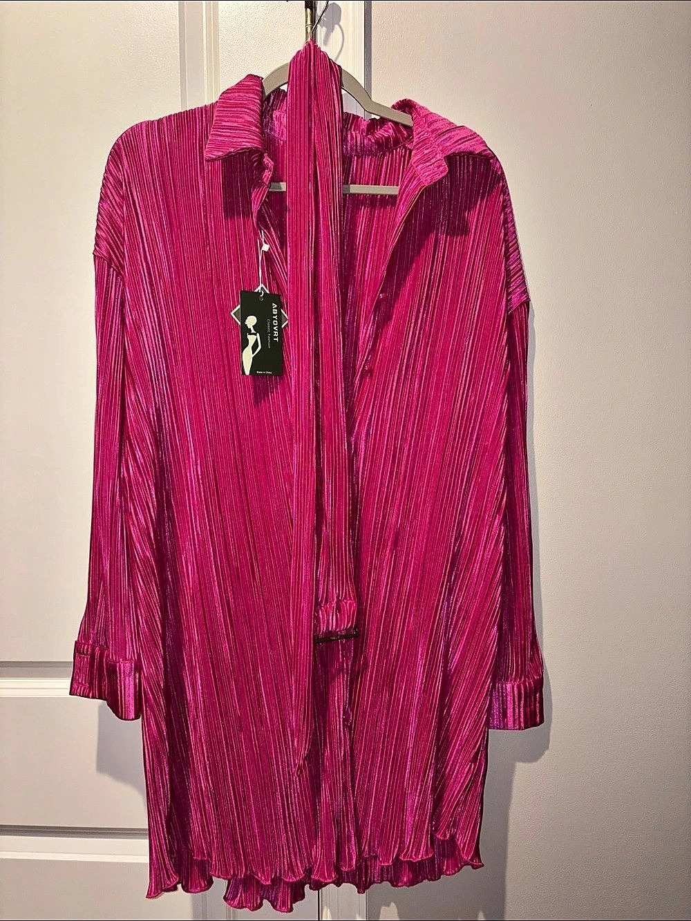 ABYOVRT Women Shirt Dresses Long Sleeve Pleated Mini Dress Pink & Purple